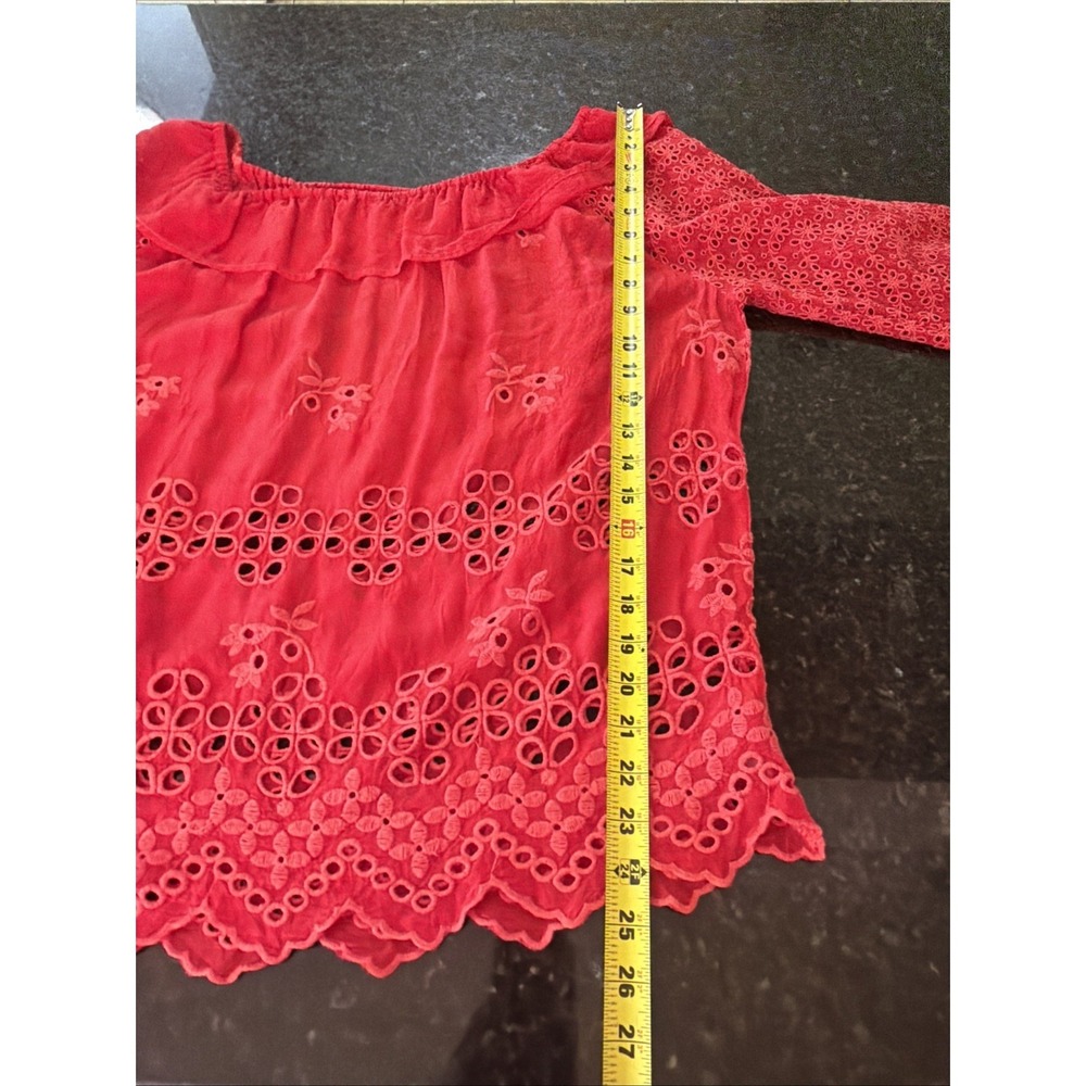 Johnny Was Red Blouse Eyelet Embroidered Elastic Sleeve Ruffled S Off Shoulder - Picture 9 of 10